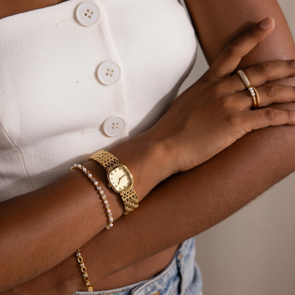 Pave Woven Timepiece Silver 18K Gold Plated