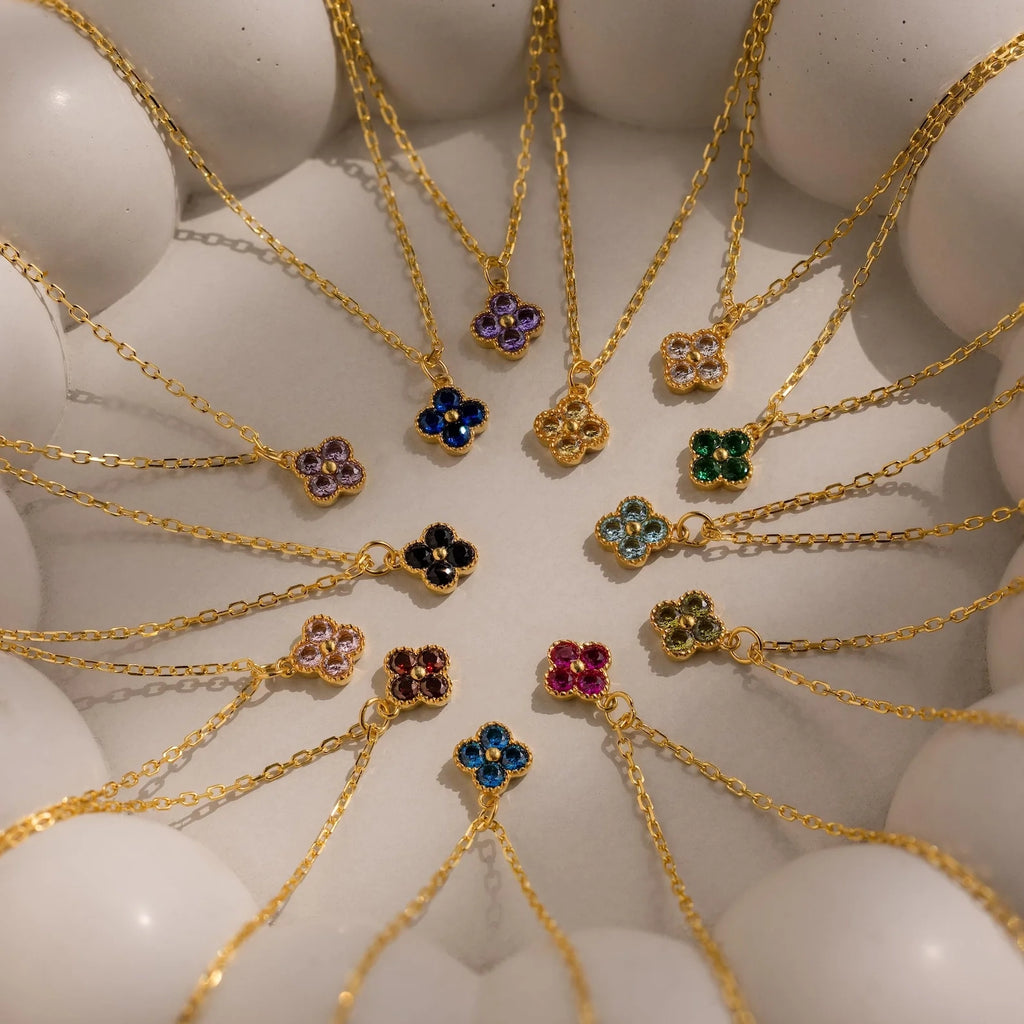 Birthstone Clover Necklace Silver 18K Gold Plated