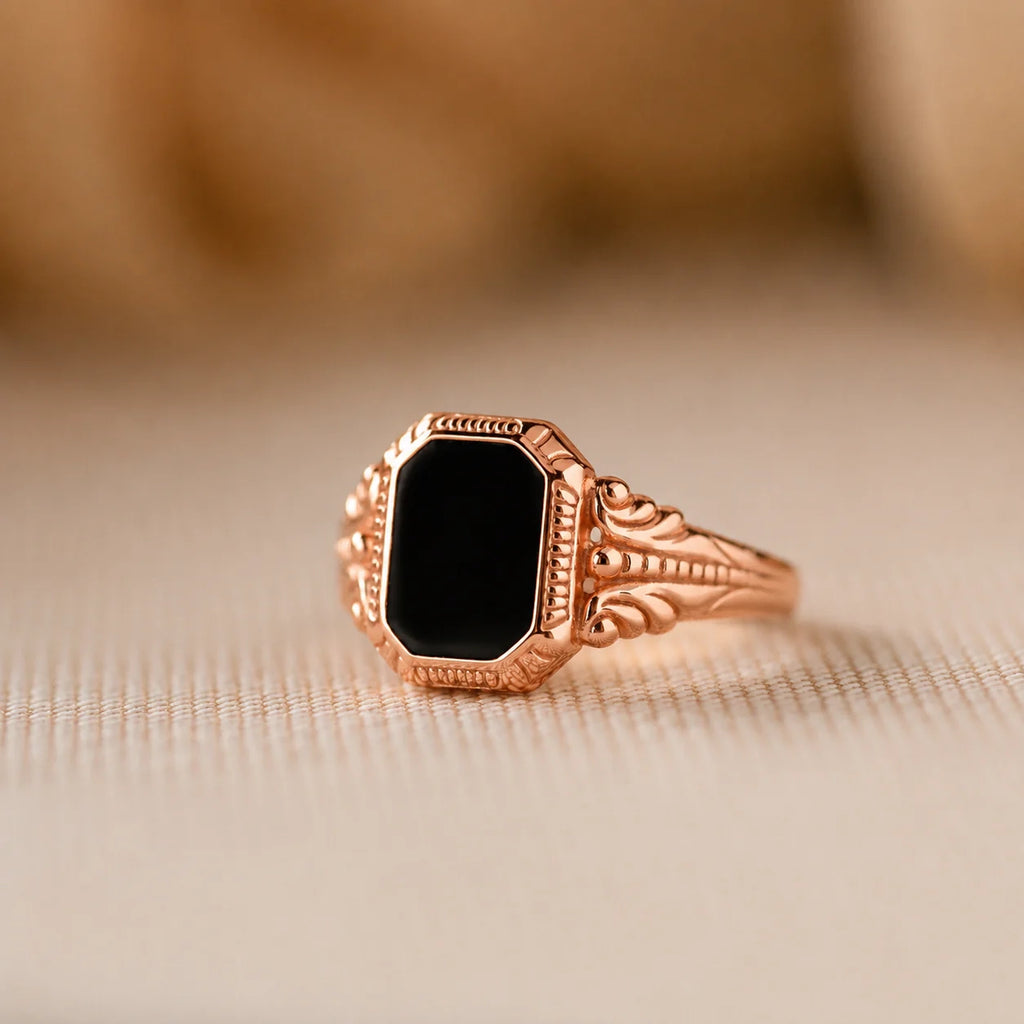 Vintage-Inspired Black Enamel Signet Ring