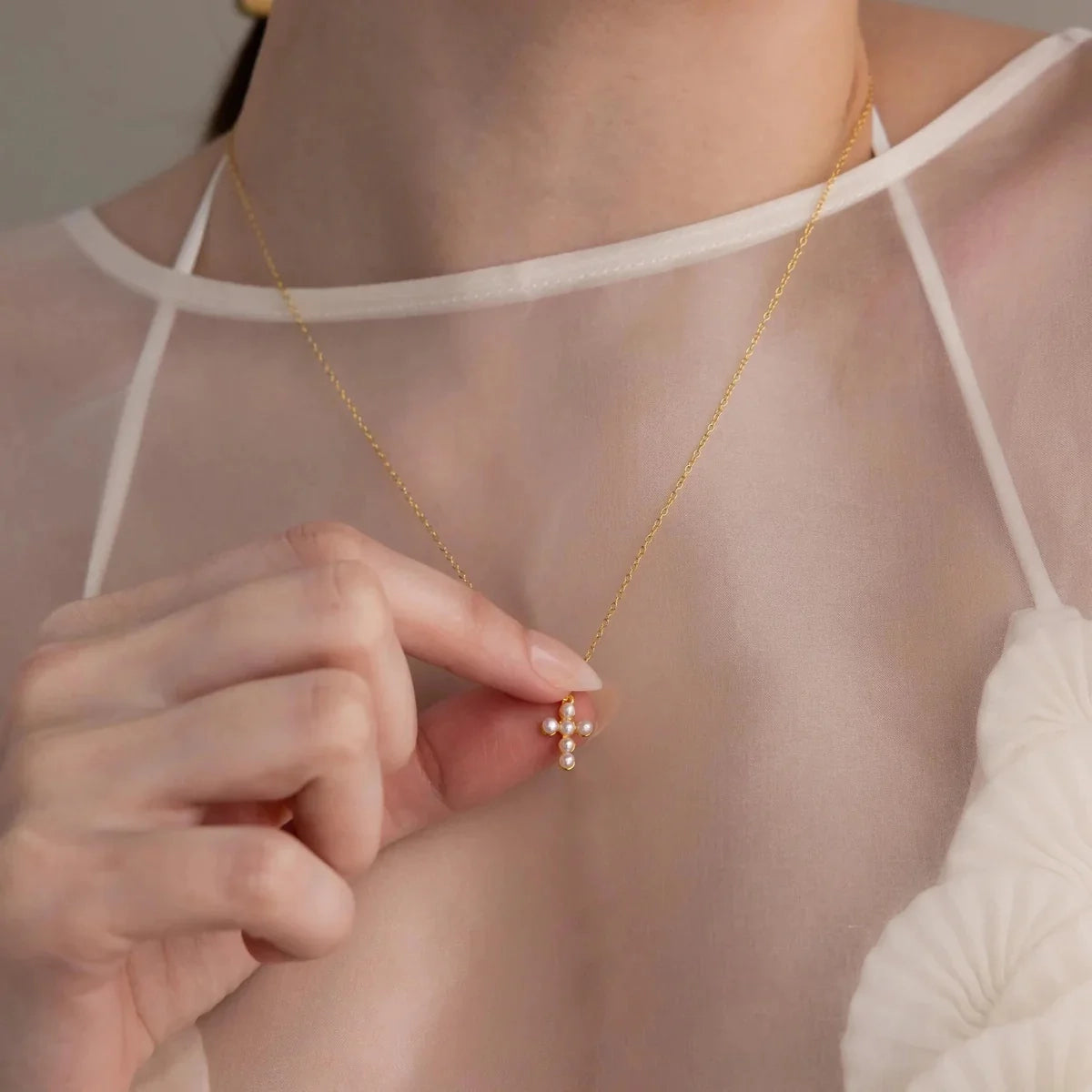 Celeste Pearl Cross Necklace