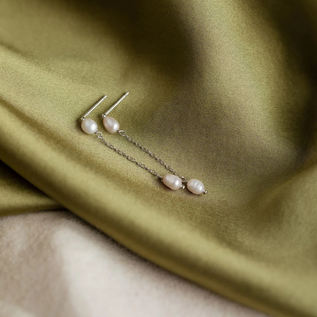 Pearl Drop Chain Earrings Silver 18K Gold Plated