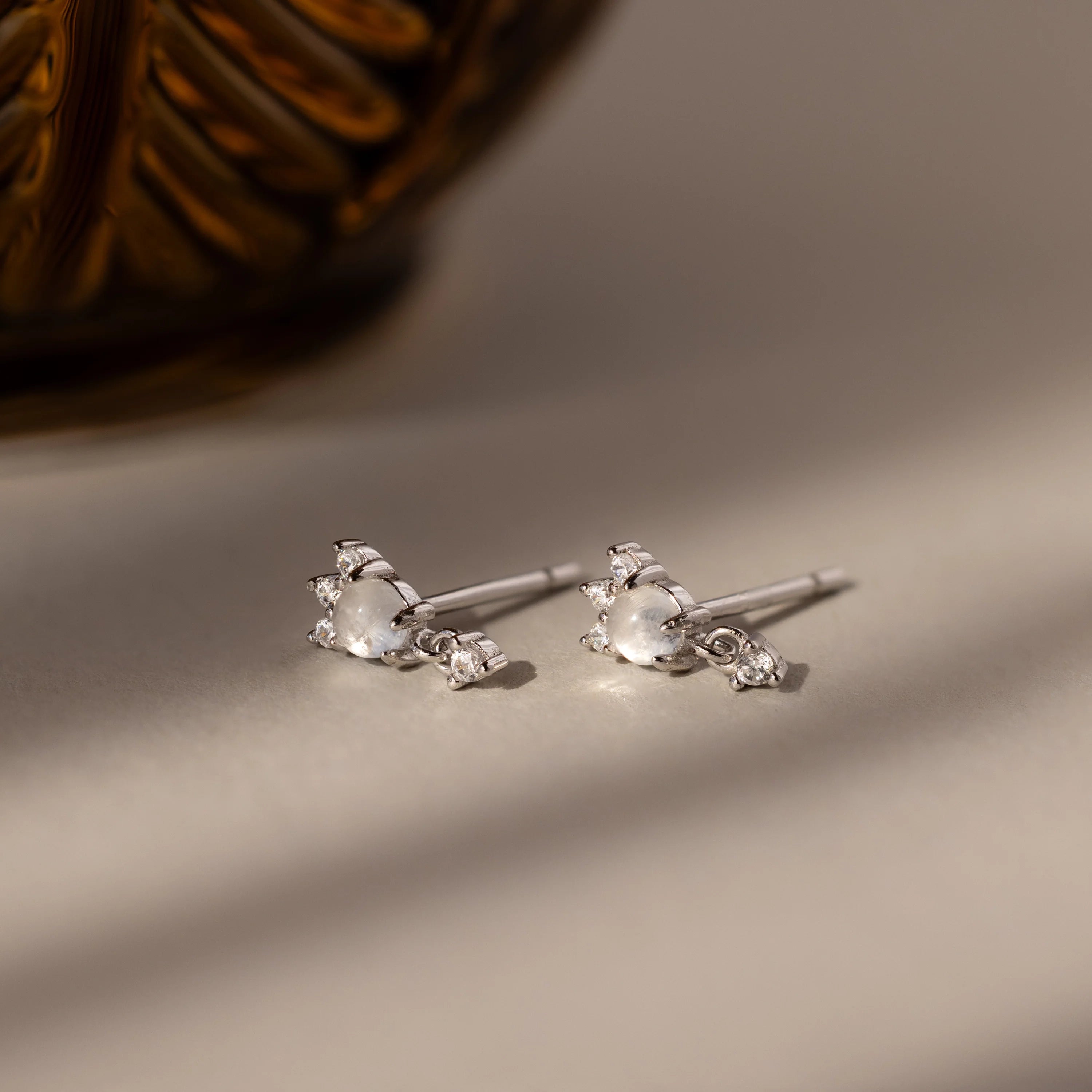 Halo Moonstone Drop Studs Silver 18K Gold Plated