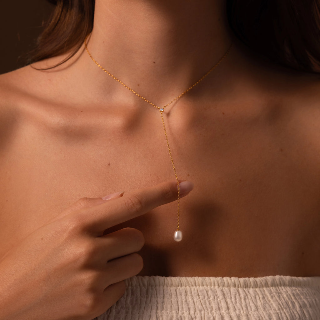 Diamond Pearl Lariat Chain Necklace Silver 18K Gold Plated