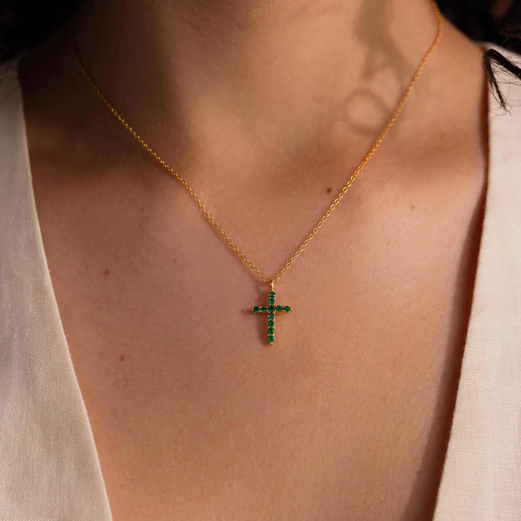 Emerald Pave Cross Necklace Silver 18K Gold Plated