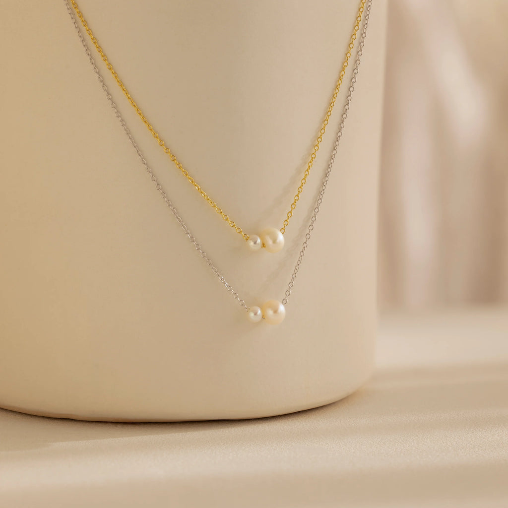 Dainty Duo Pearl Necklace Silver 18K Gold Plated