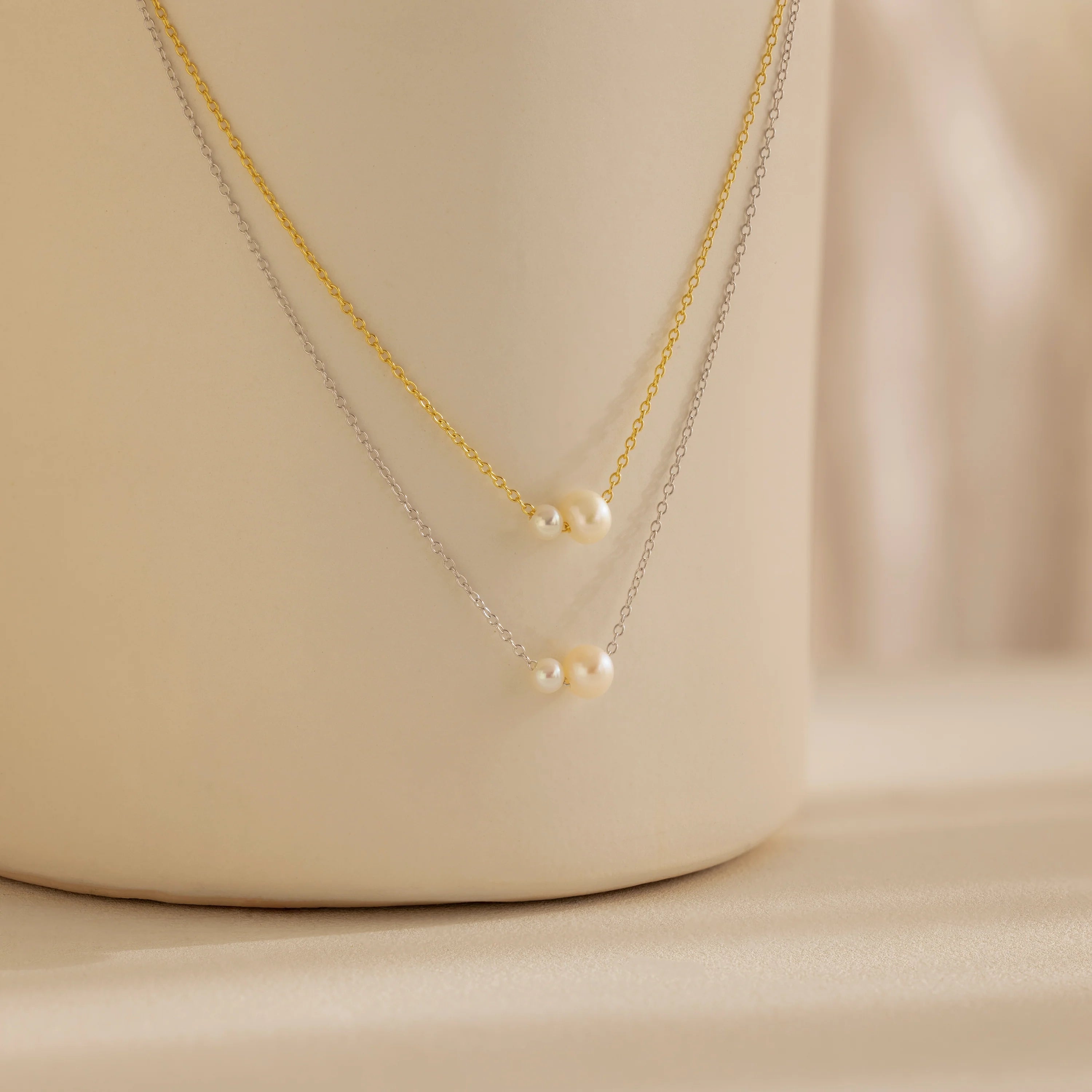 Dainty Duo Pearl Necklace Silver 18K Gold Plated