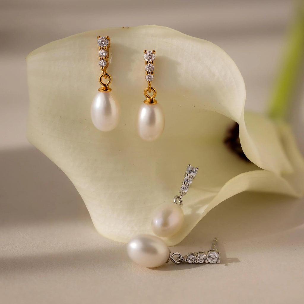 Diamond Pearl Droplet Earrings Silver 18K Gold Plated