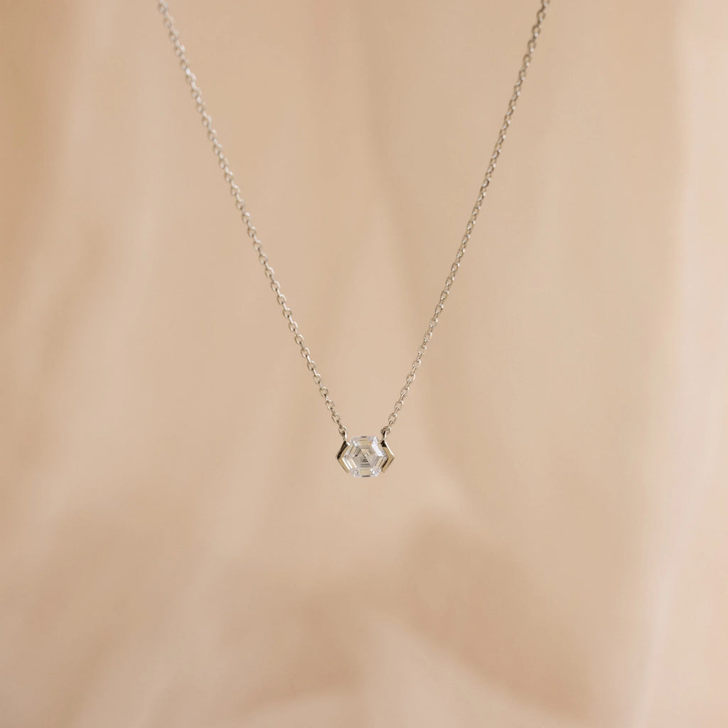 Encased Hexagon Diamond Necklace Silver 18K Gold Plated