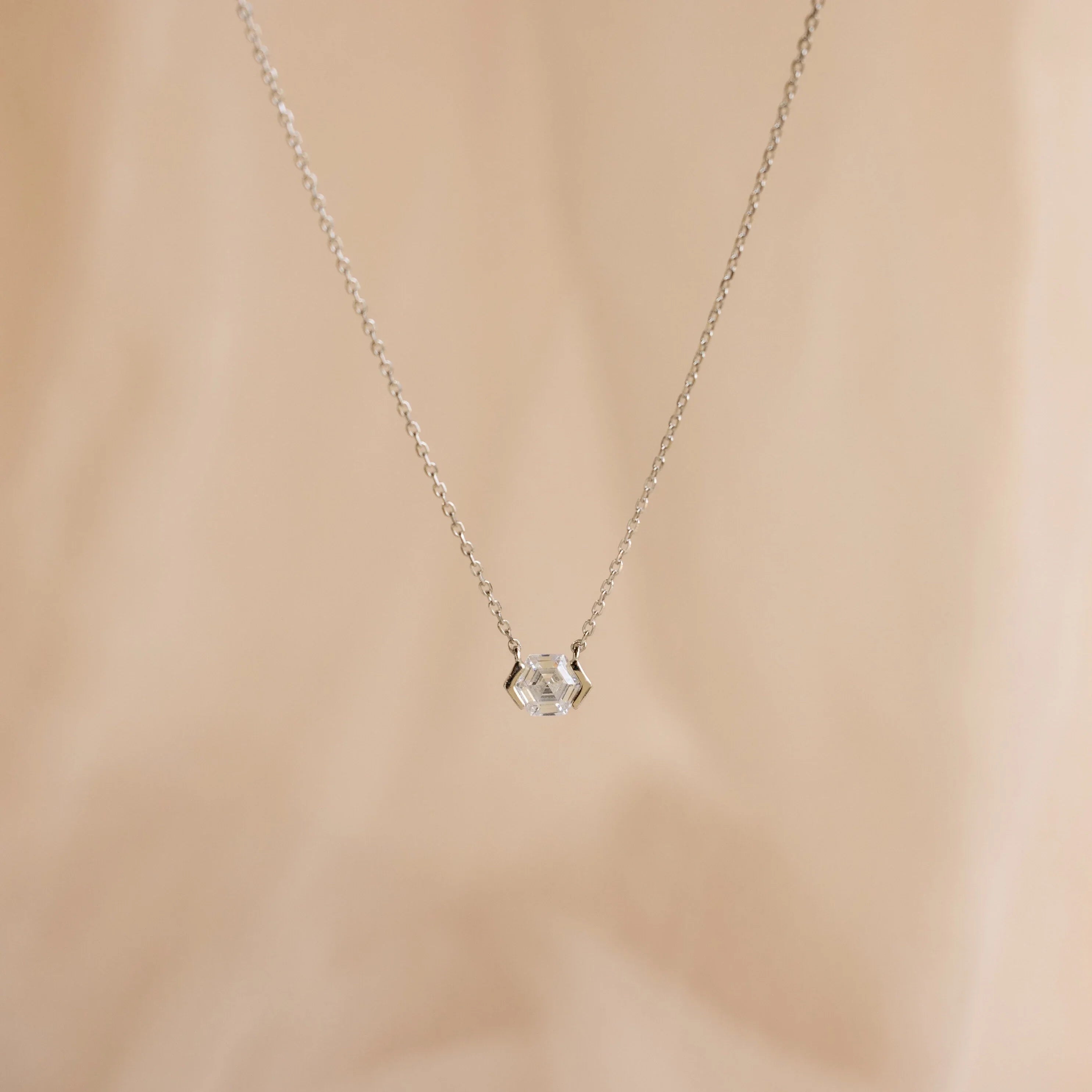 Encased Hexagon Diamond Necklace Silver 18K Gold Plated