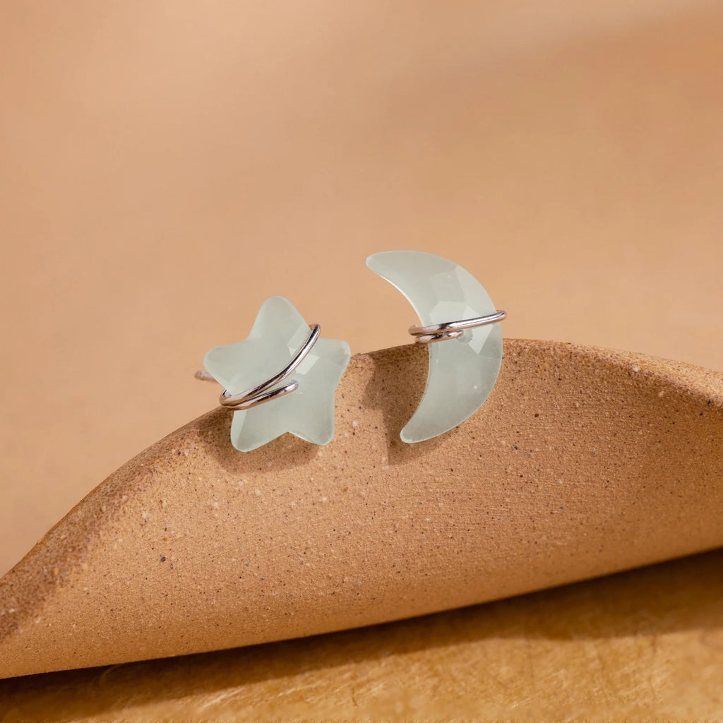 Aquamarine Moon & Star Studs Silver 18K Gold Plated