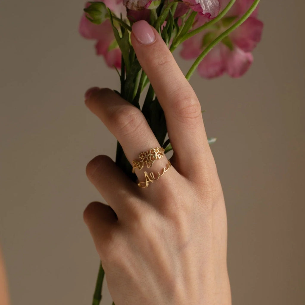 Birth Flower Name Ring Silver 18K Gold Plated