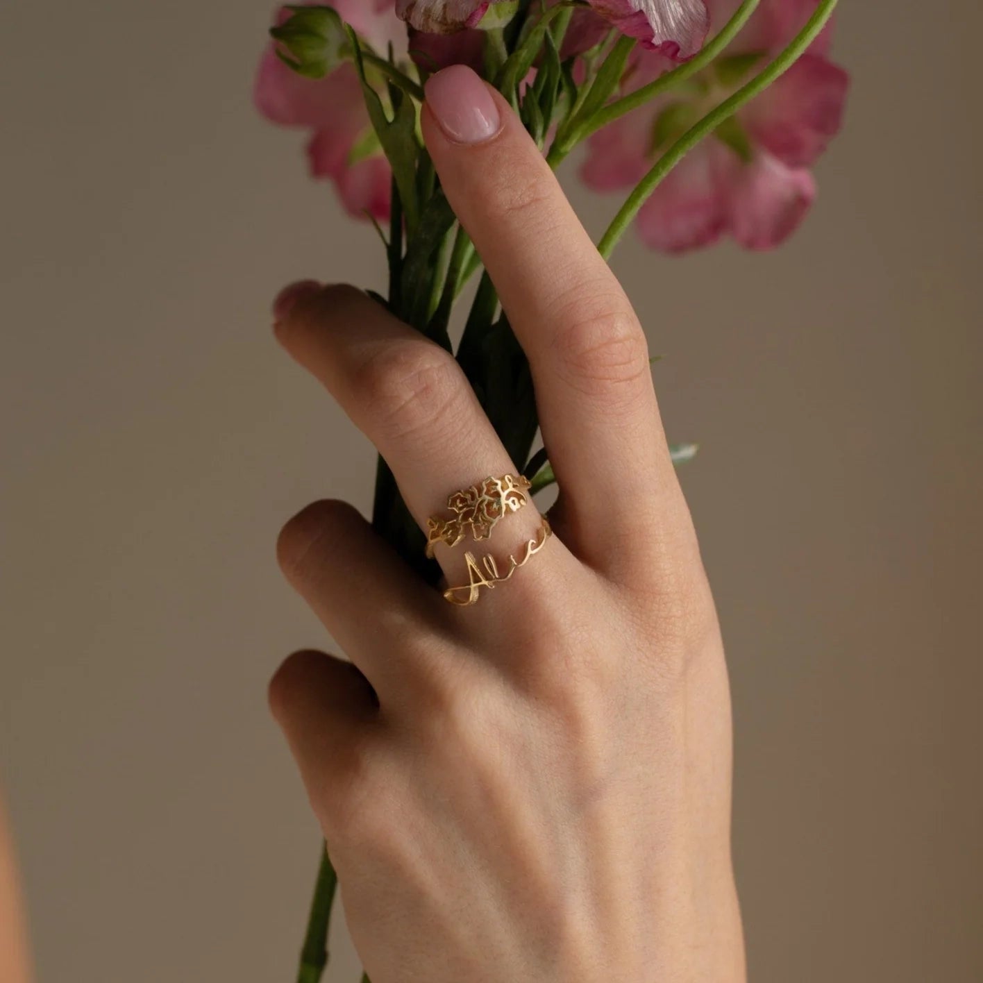 Birth Flower Name Ring Silver 18K Gold Plated