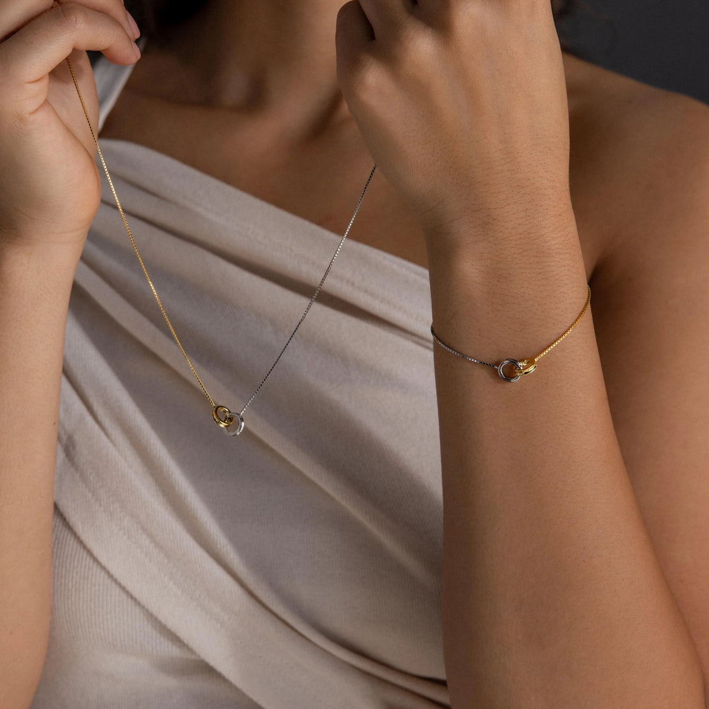 Interlocking Circles Necklace and Bracelet Set Silver 18K Gold Plated