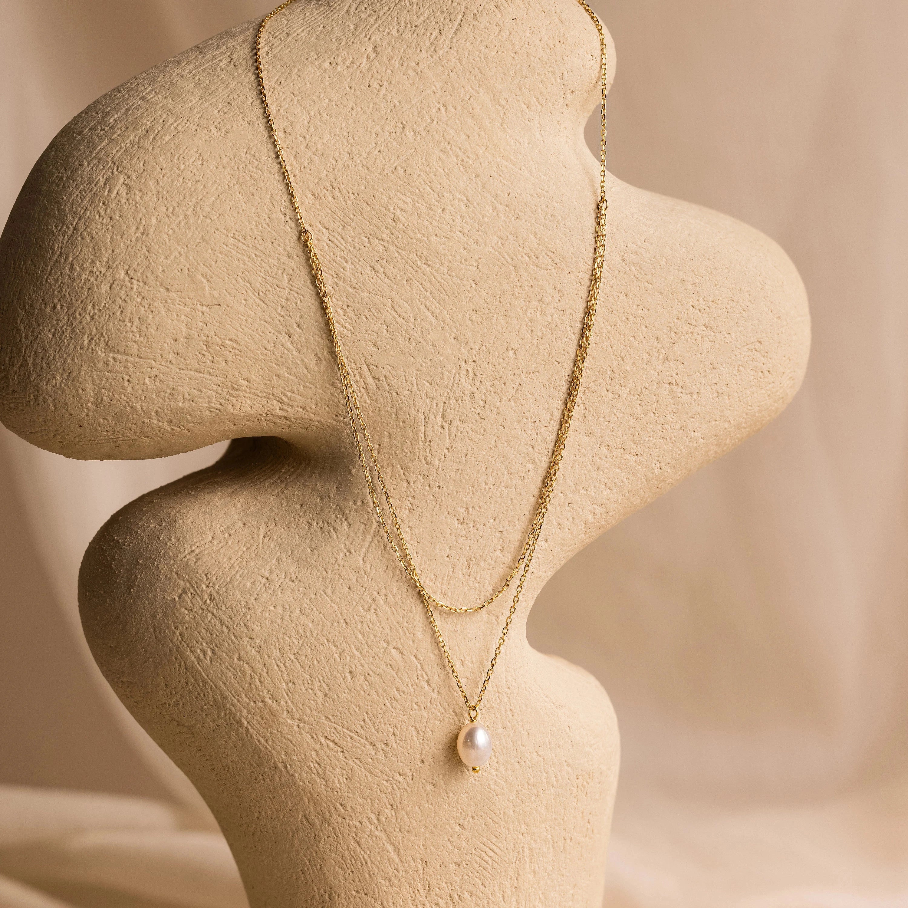 Duo Chain Pearl Necklace Silver 18K Gold Plated