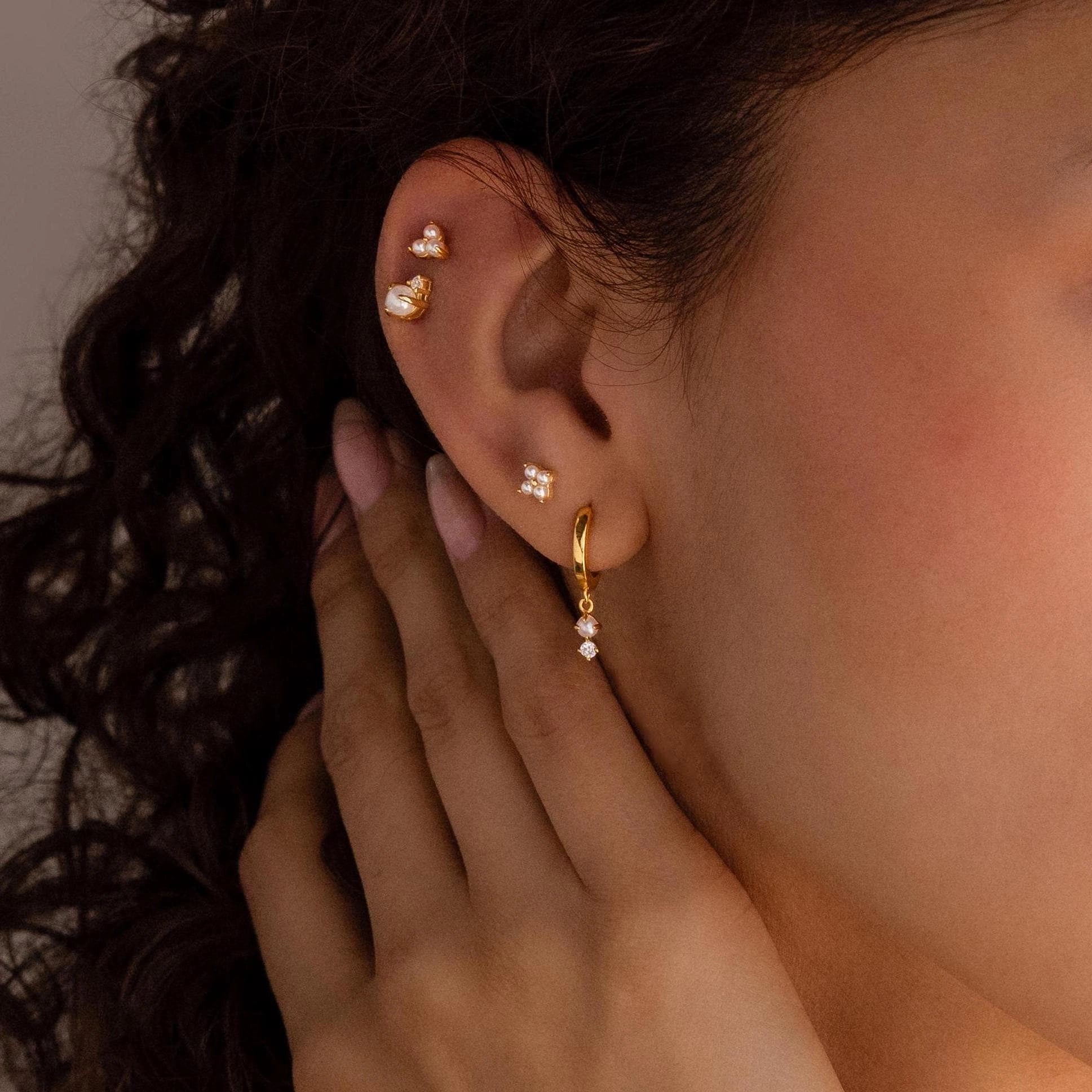 Dangling Pearl Diamond Huggies Silver 18K Gold Plated
