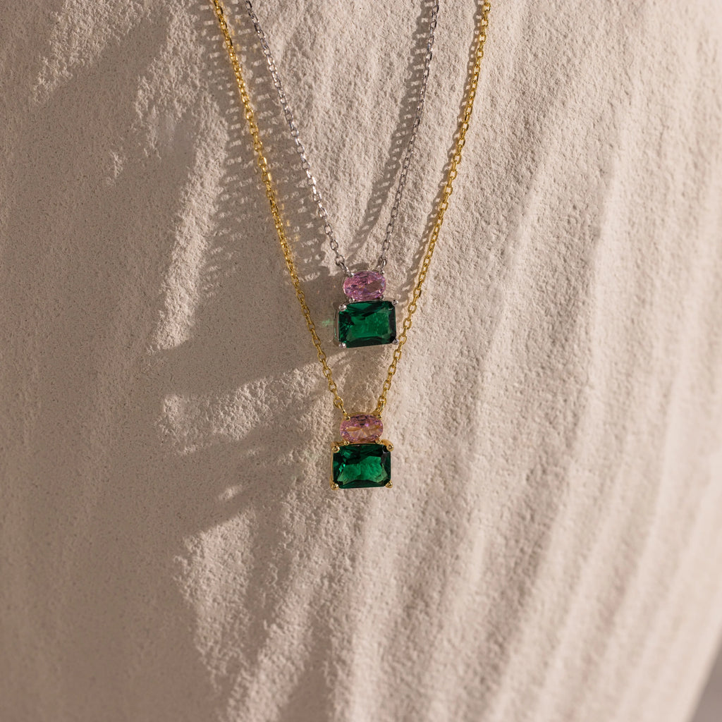 Pink Tourmaline Emerald Bloom Necklace Silver 18K Gold Plated