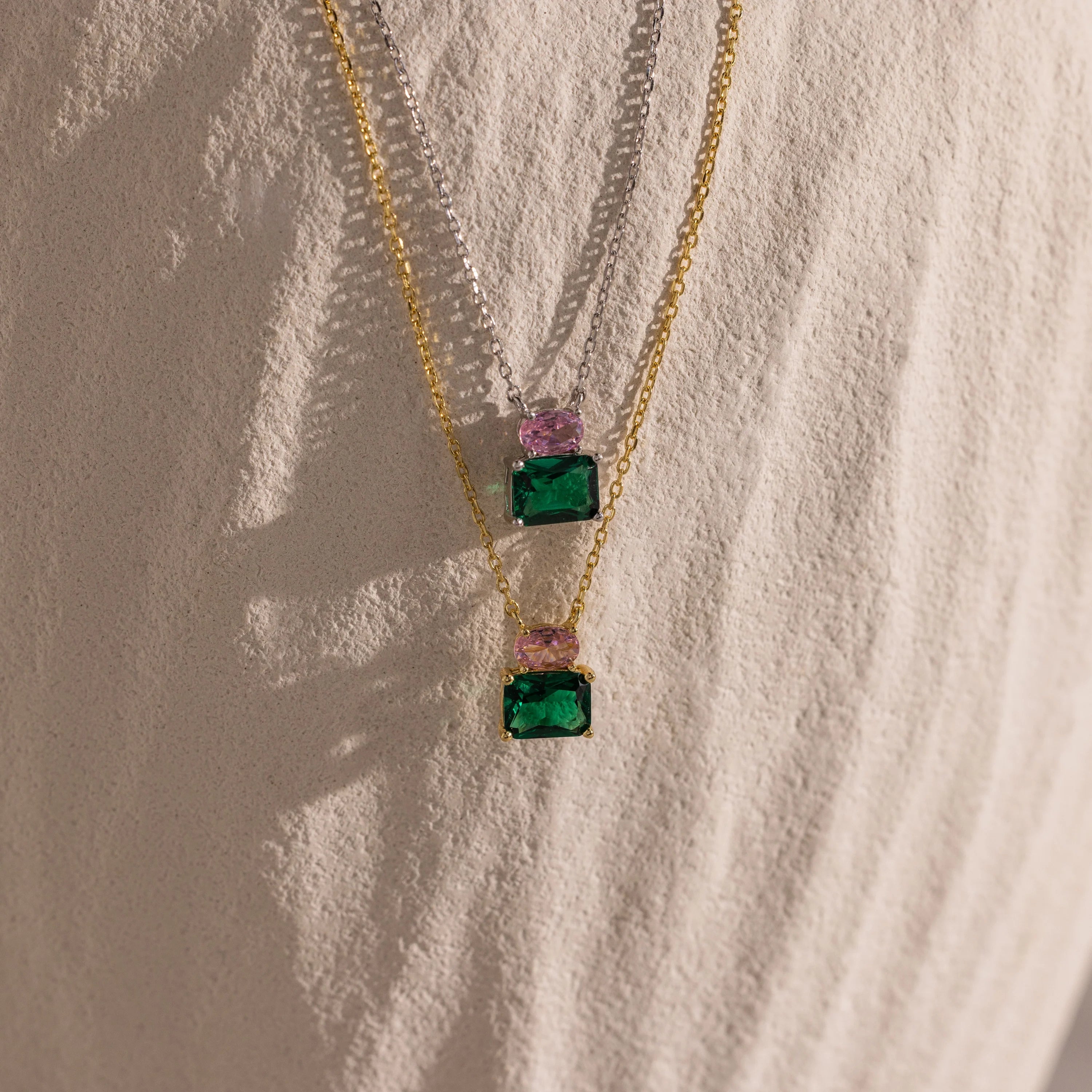 Pink Tourmaline Emerald Bloom Necklace Silver 18K Gold Plated
