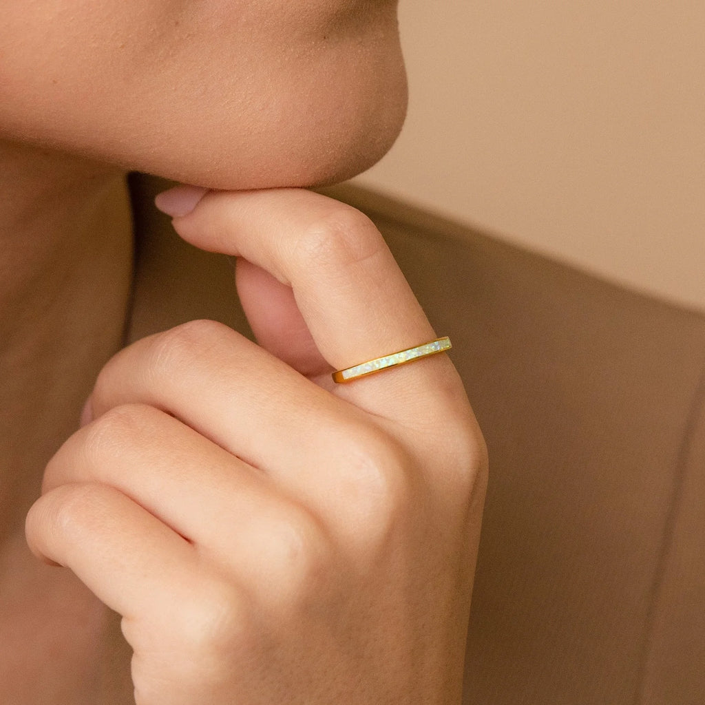 White Opal Inlay Band Silver 18K Gold Plated