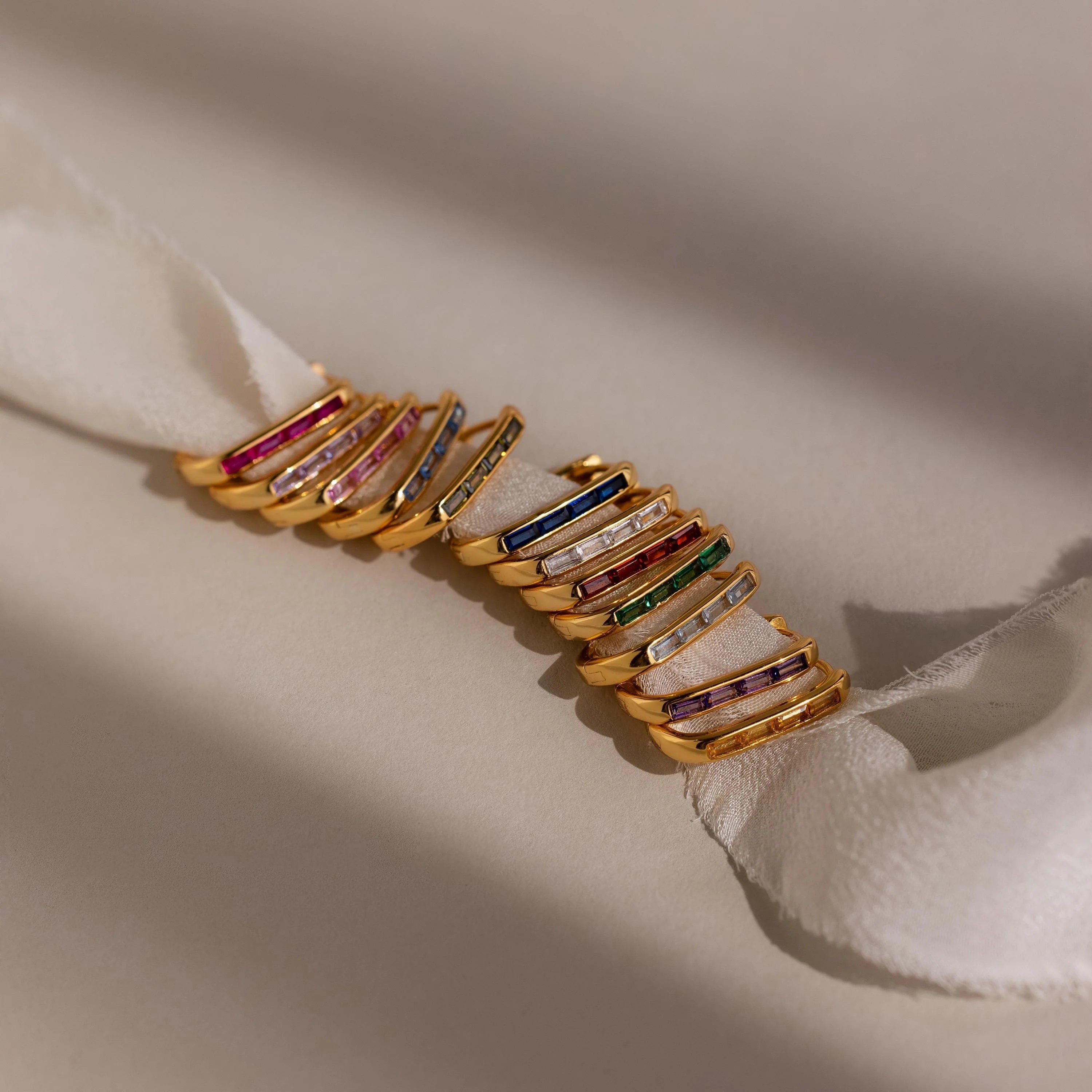 Baguette Birthstone Link Earrings Silver 18K Gold Plated