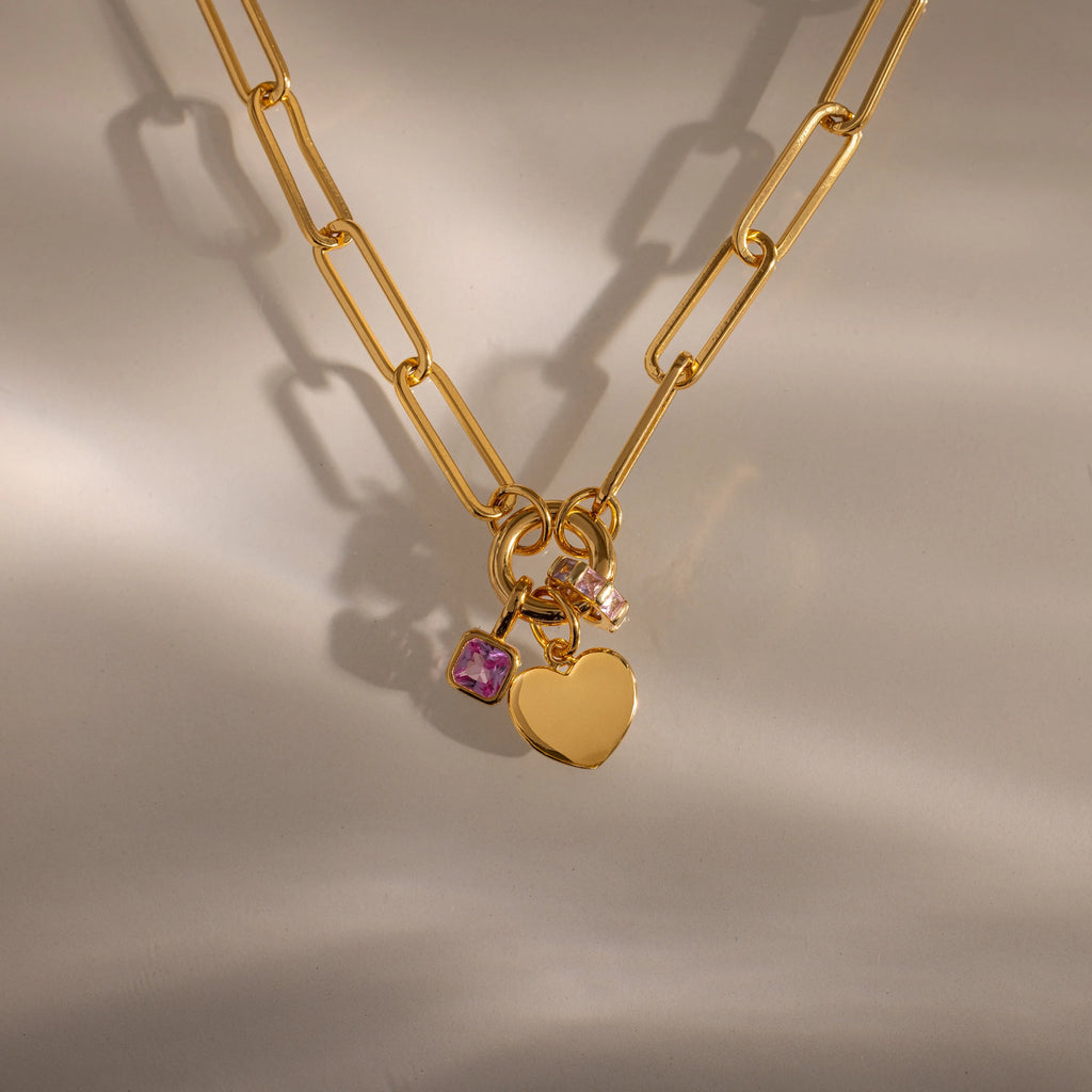 Paperclip Heart Charm Necklace Silver 18K Gold Plated