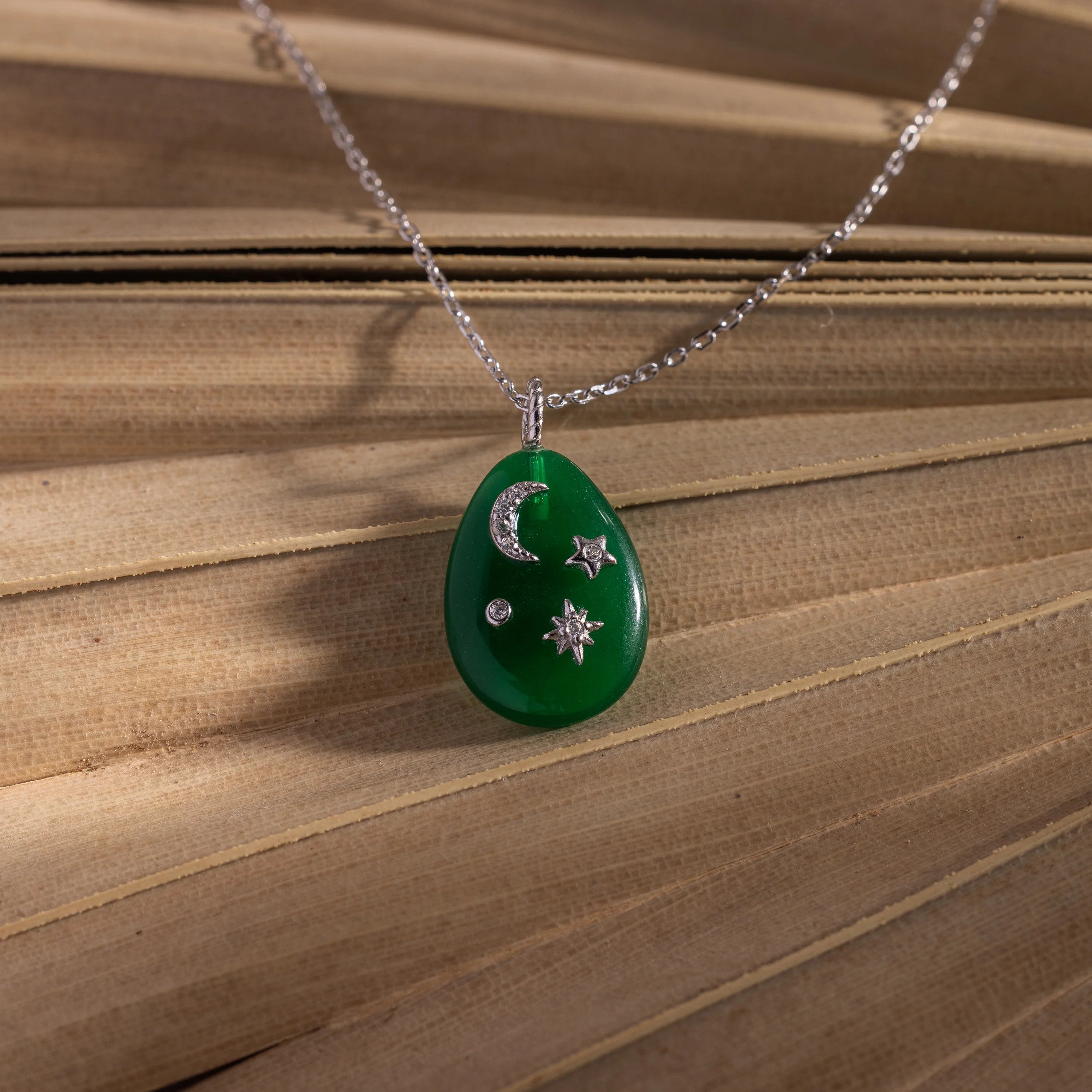 Diamonds Jade Pendant Necklace Silver 18K Gold Plated