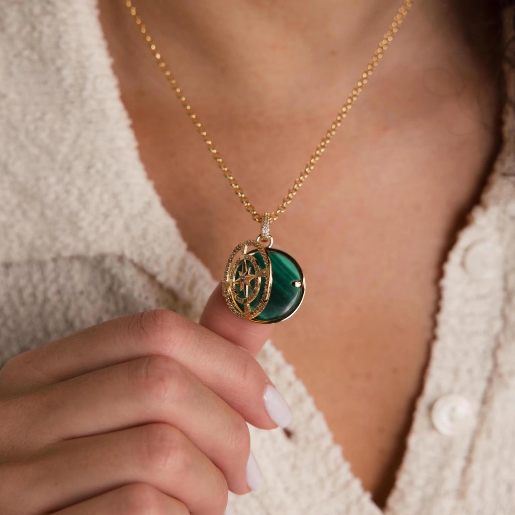 Malachite Compass Locket Necklace Silver 18K Gold Plated