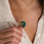 Malachite Compass Locket Necklace Silver 18K Gold Plated