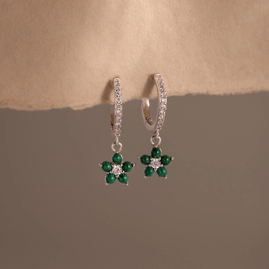 Malachite Blossom Drop Huggies Silver 18K Gold Plated