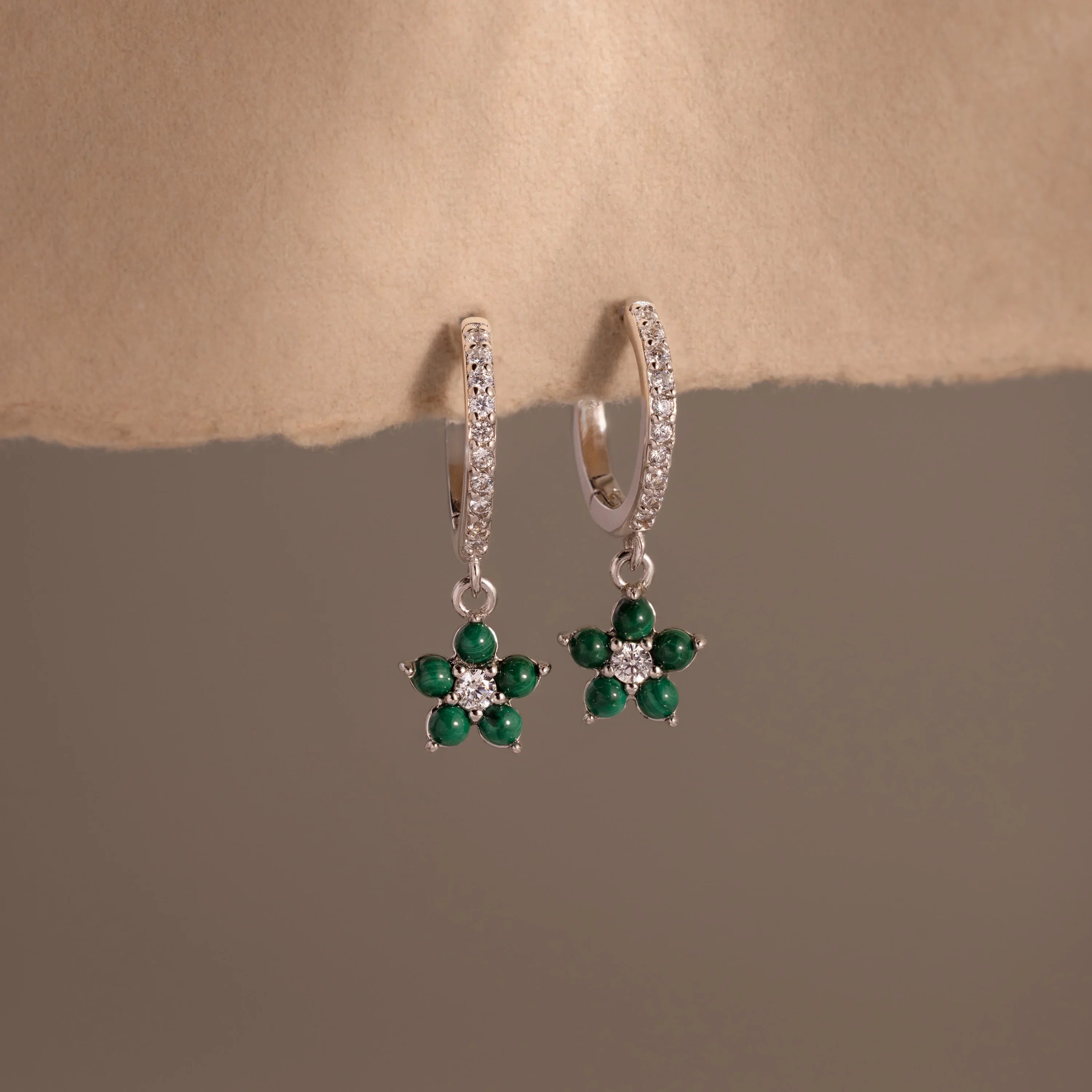 Malachite Blossom Drop Huggies Silver 18K Gold Plated