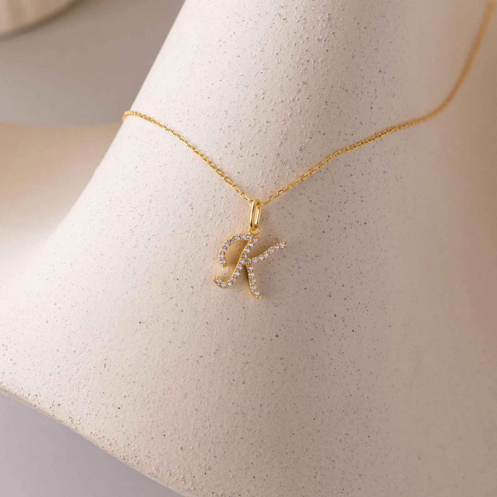 Diamond Pave Letter Charm Necklace Silver 18K Gold Plated