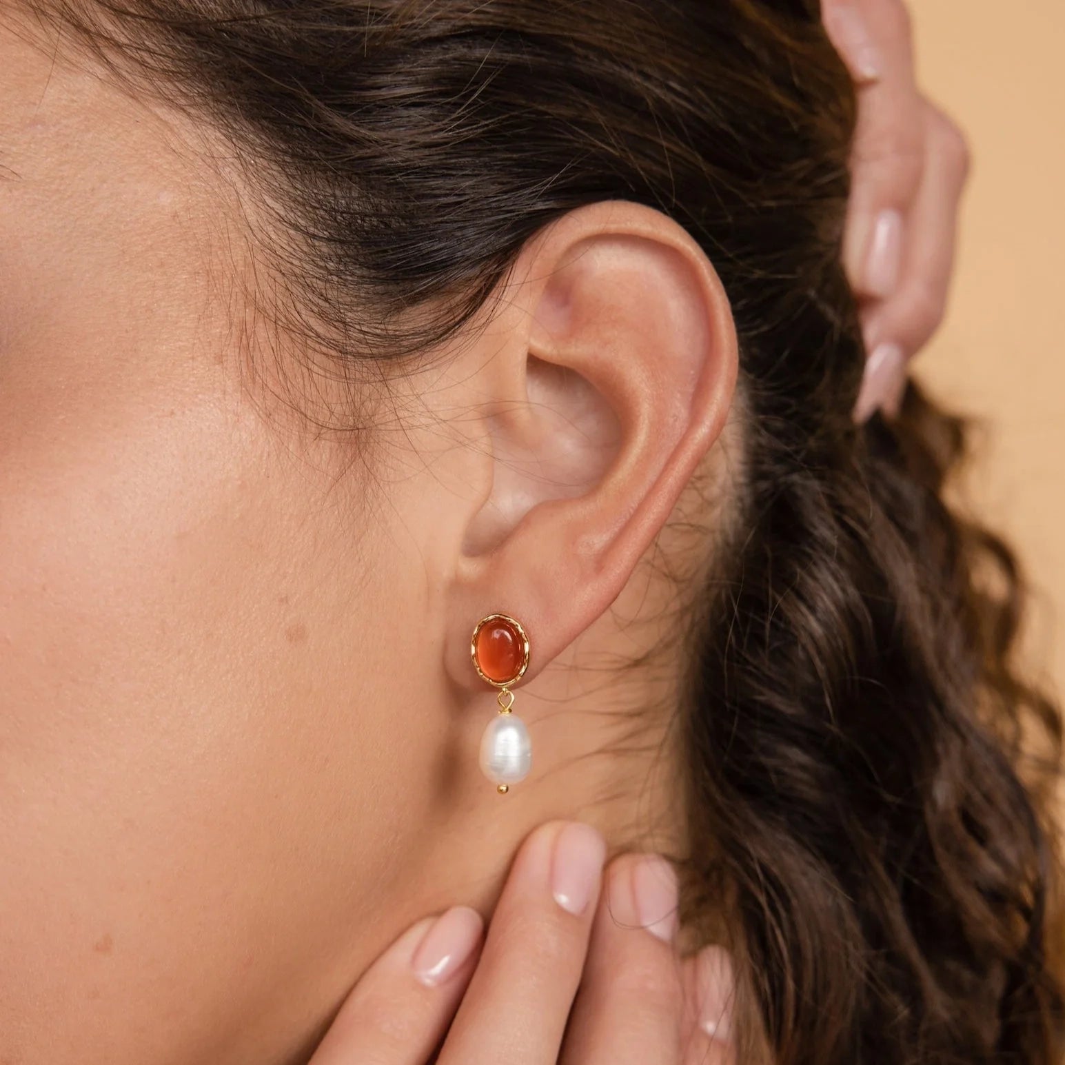 Carnelian Pearl Earrings Silver 18K Gold Plated