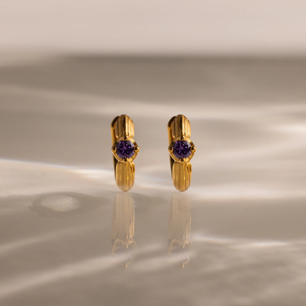 Amethyst Ribbed Huggies Silver 18K Gold Plated