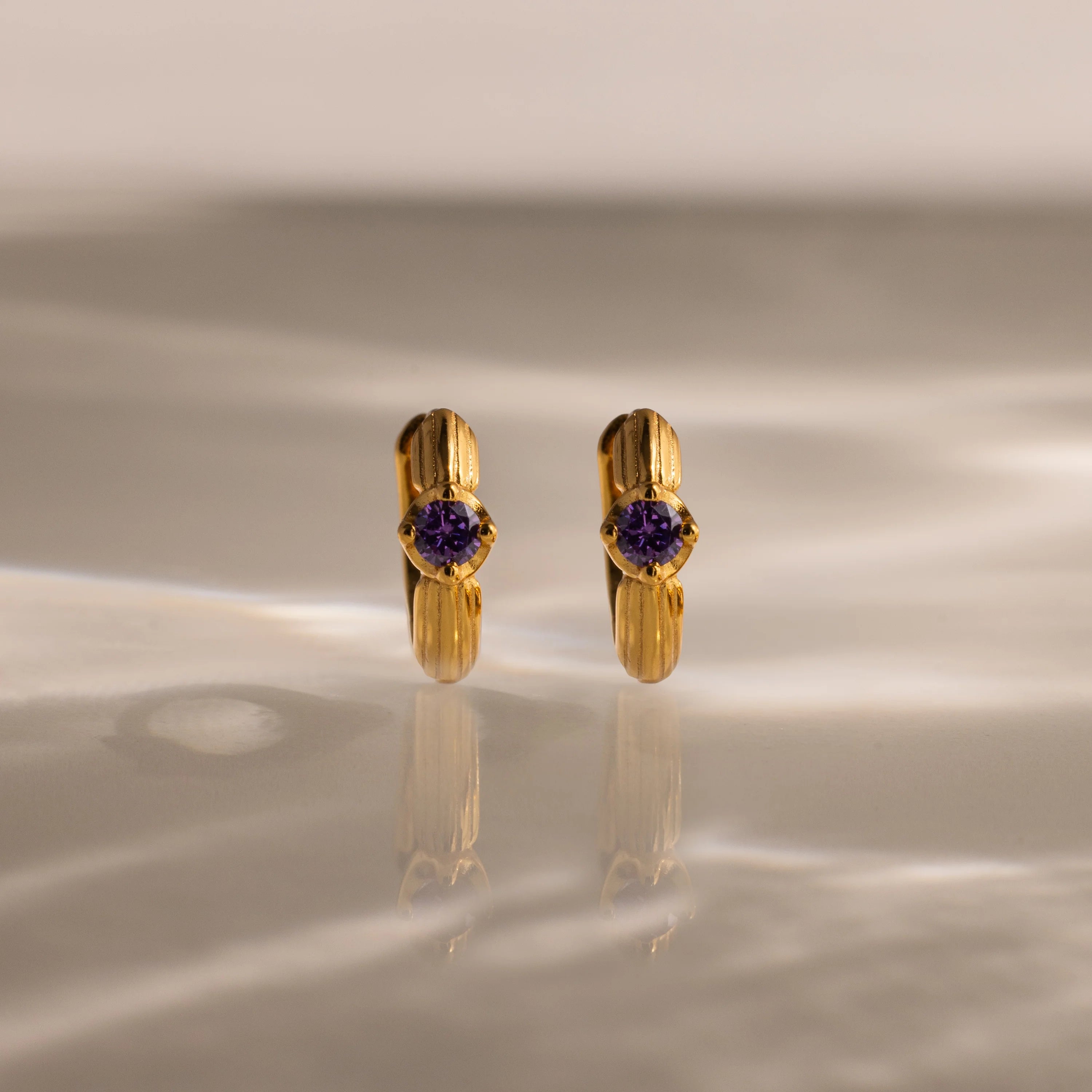 Amethyst Ribbed Huggies Silver 18K Gold Plated