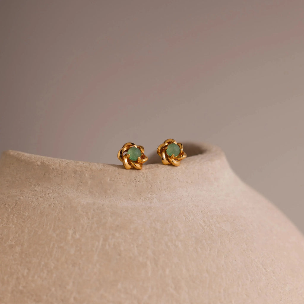 Mini Jade Flower Studs Silver 18K Gold Plated
