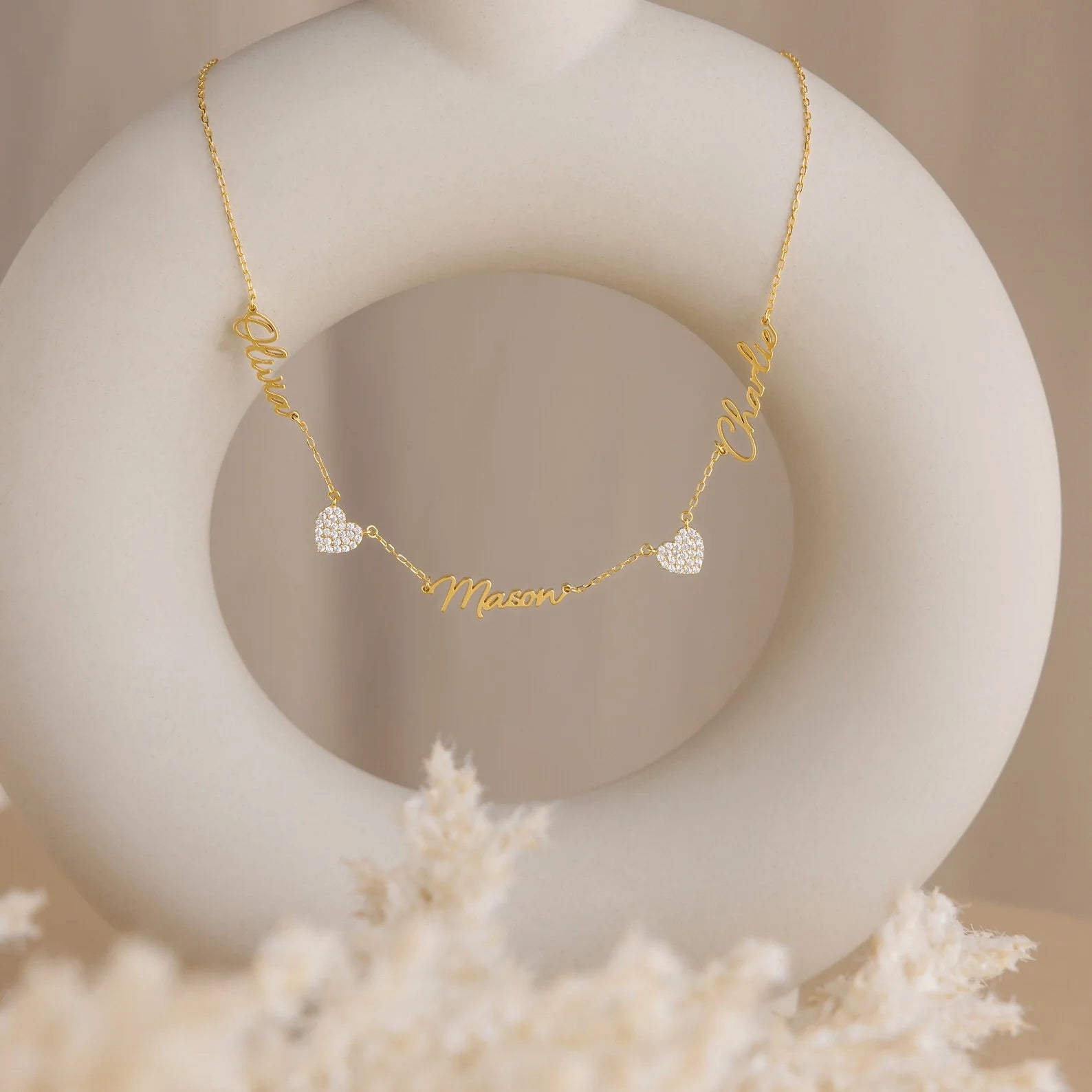 Pavé Heart Name Necklace Silver 18K Gold Plated