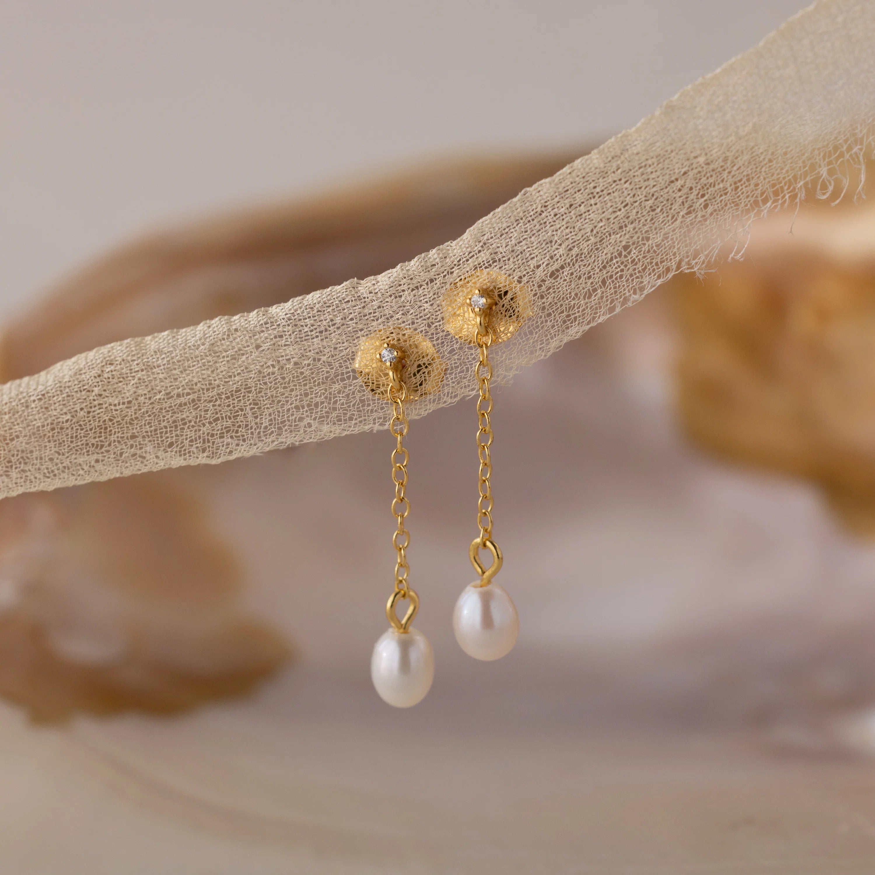 Diamond Pearl Drop Earrings Silver 18K Gold Plated
