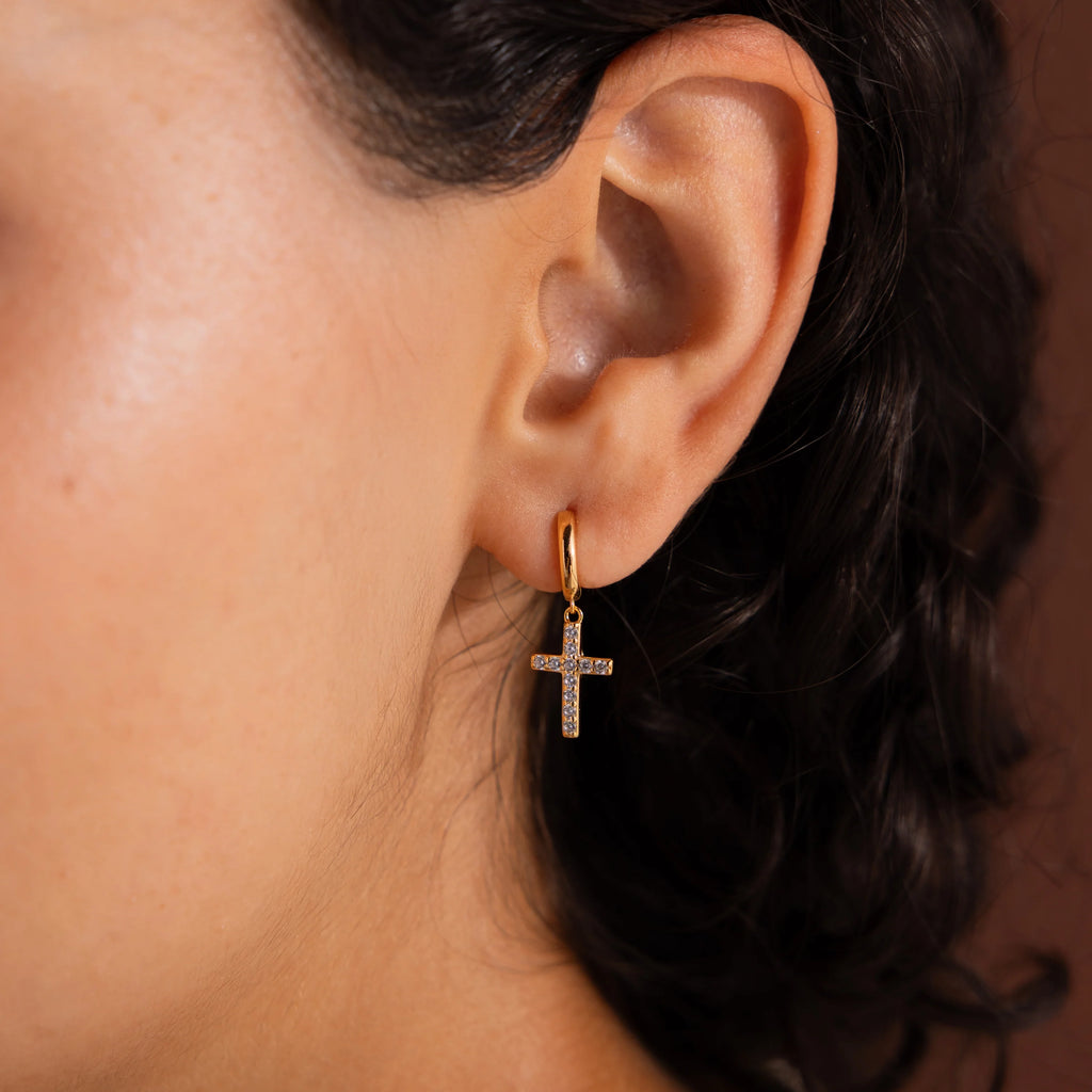 Diamond Pave Cross Hoops Silver 18K Gold Plated