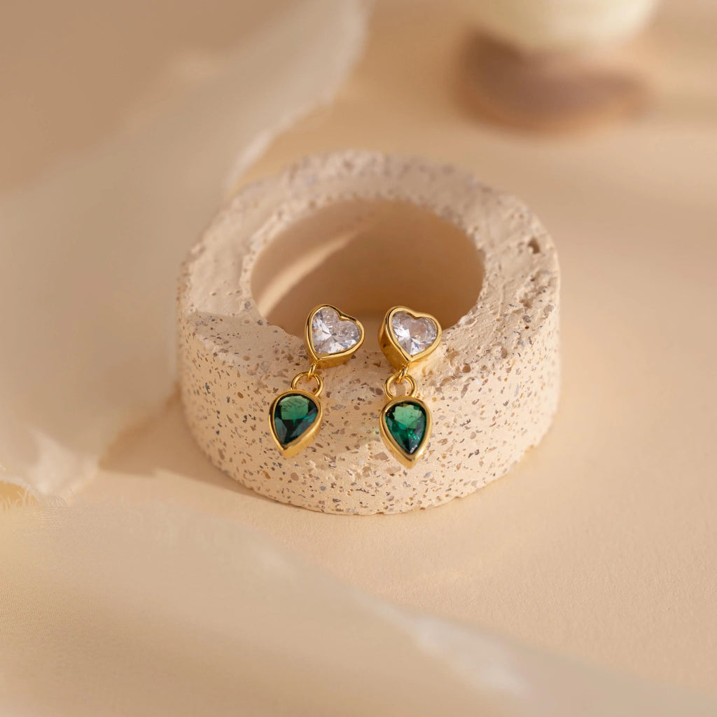 Emerald Heart Drop Studs Silver 18K Gold Plated