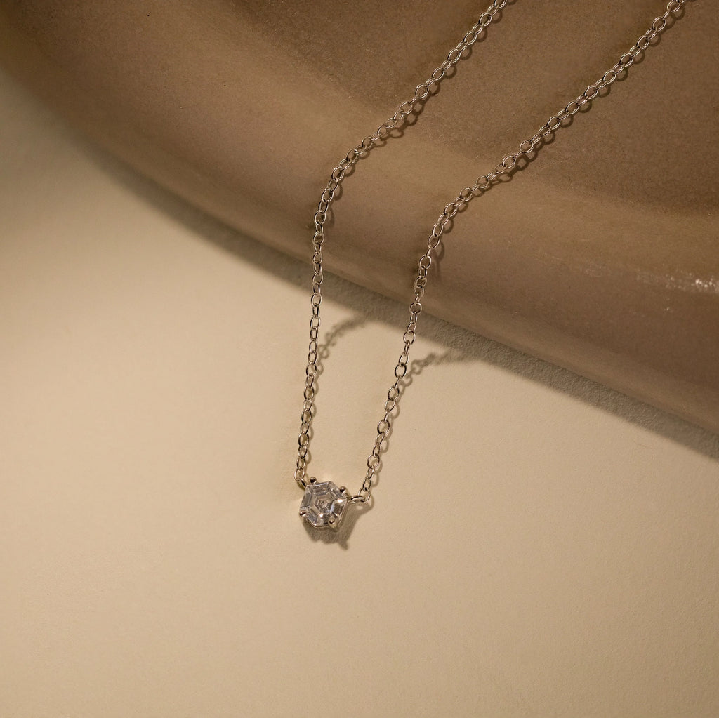 Hexagonal Diamond Charm Necklace Silver 18K Gold Plated