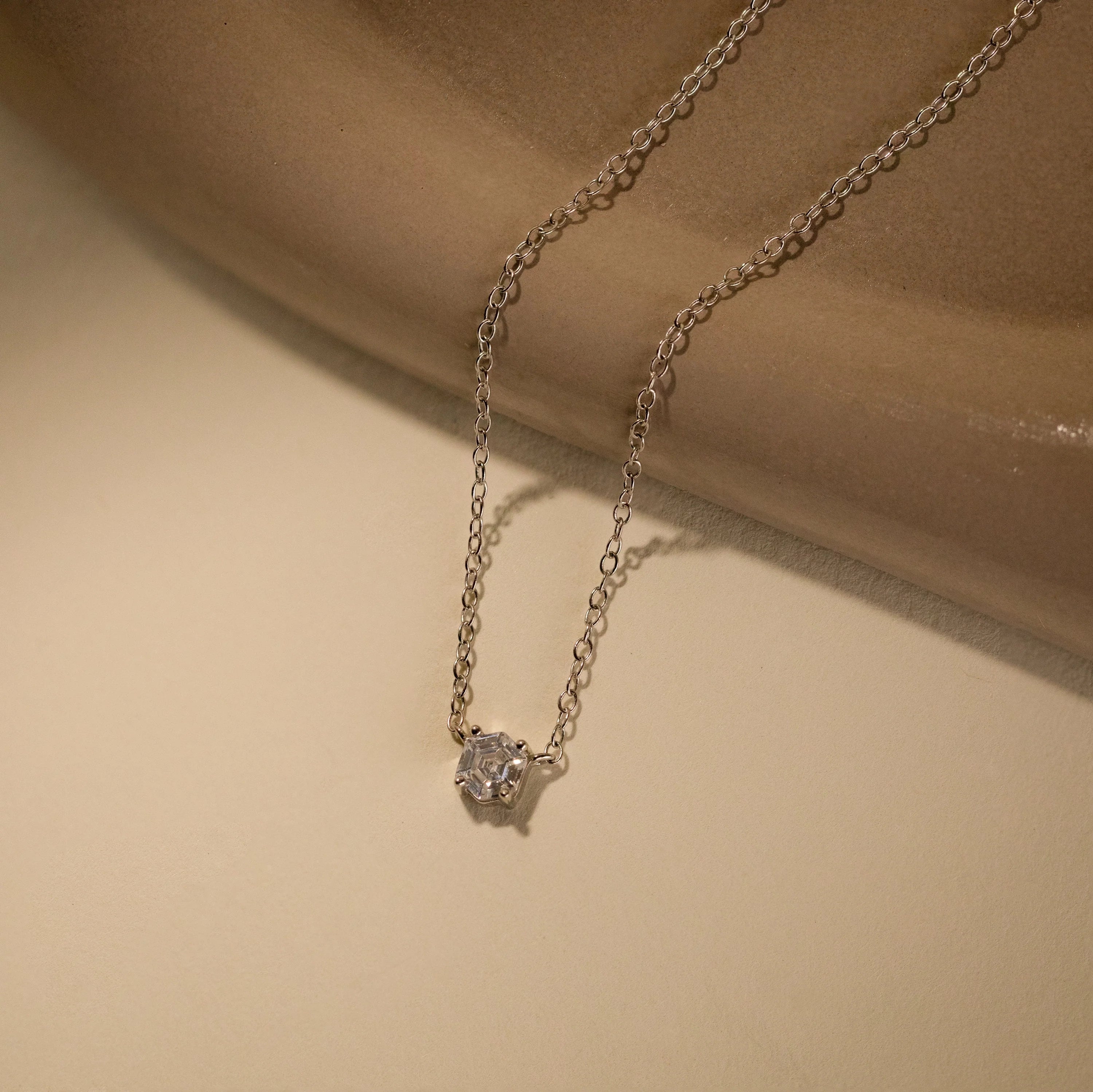 Hexagonal Diamond Charm Necklace Silver 18K Gold Plated