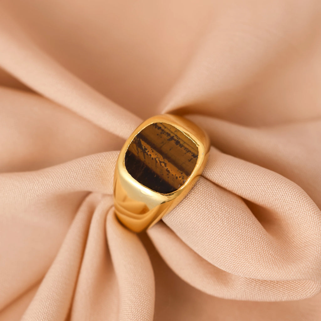 Men's Tigers Eye Signet Ring: Sterling Silver or 18K Gold with Faux Tiger's Eye Stone