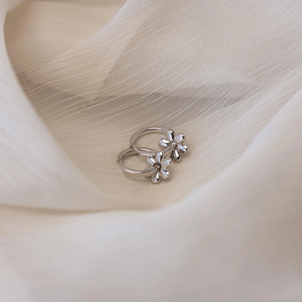 Flower Charm Huggies Silver 18K Gold Plated