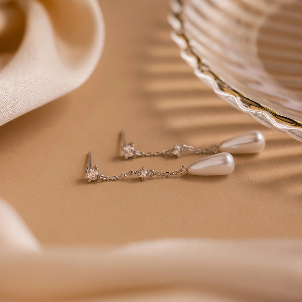 Diamond Pearl Chain Earrings Silver 18K Gold Plated