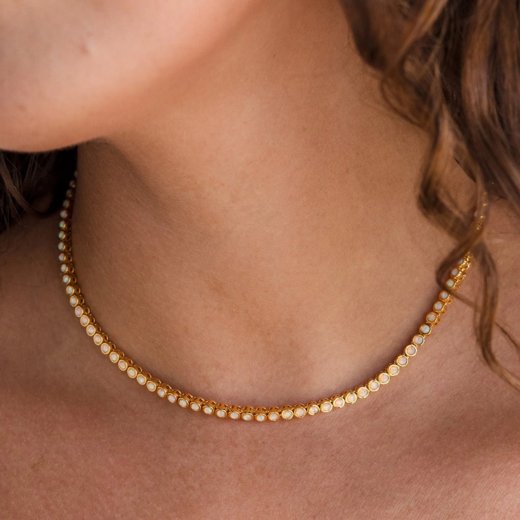 Opal Bezel Tennis Necklace Silver 18K Gold Plated