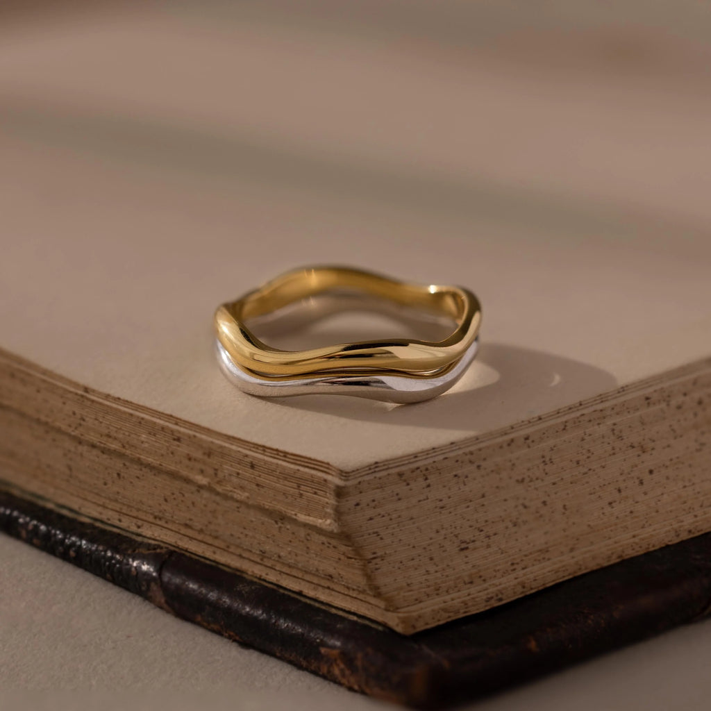 Mixed Metal Wave Ring Set Silver 18K Gold Plated