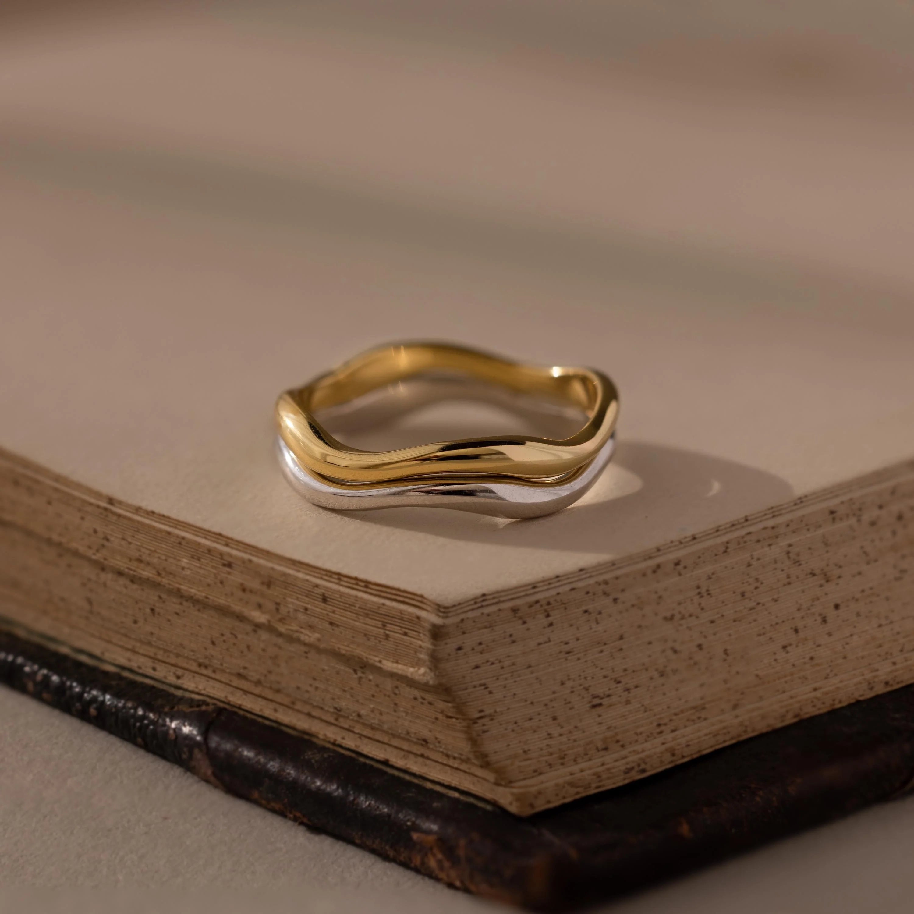 Mixed Metal Wave Ring Set Silver 18K Gold Plated