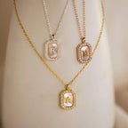 Pave Gemstone Initial Necklace  Silver 18K Gold Plated