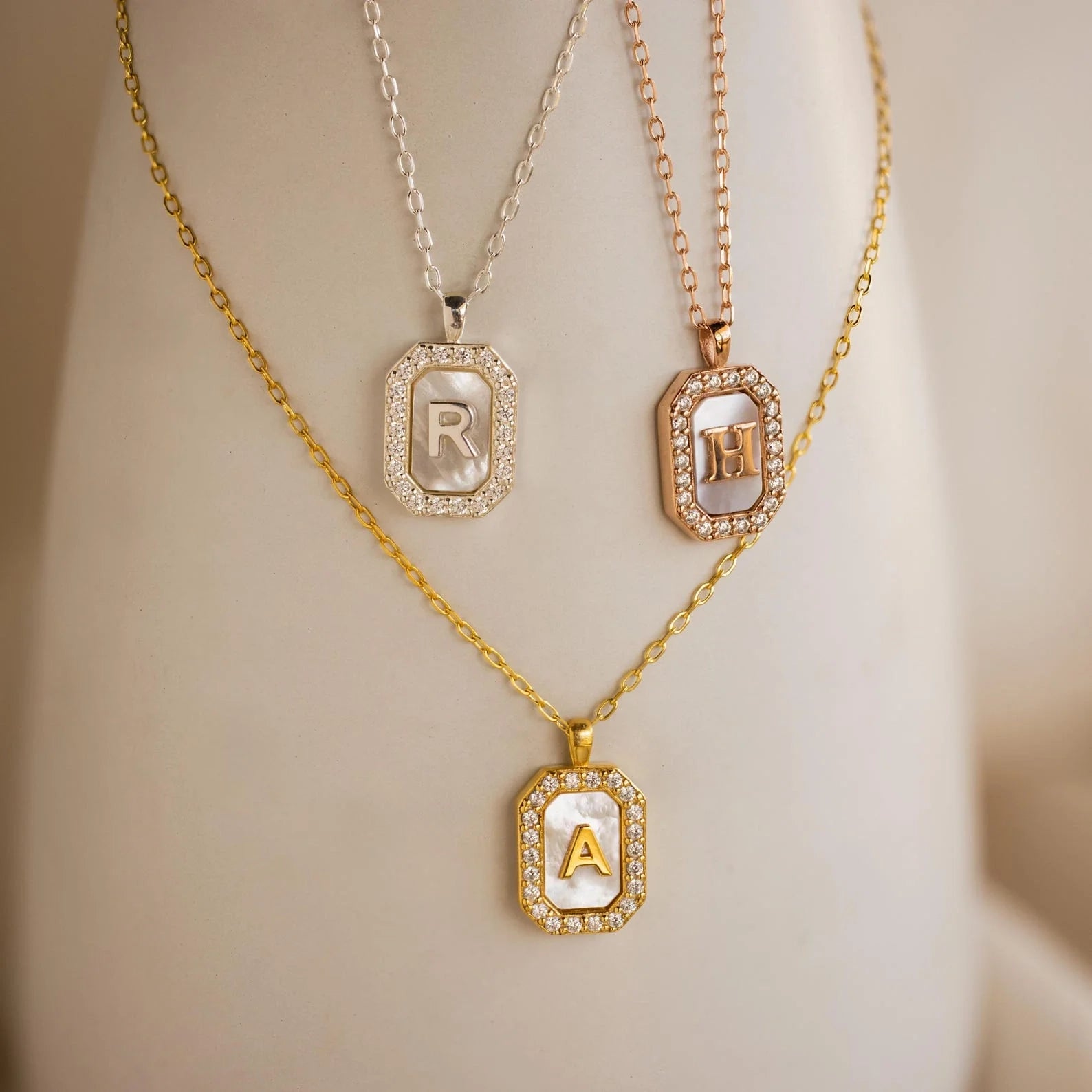 Pave Gemstone Initial Necklace  Silver 18K Gold Plated