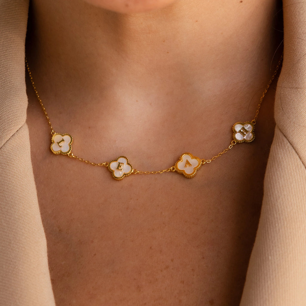 Pearl Clover Letter Necklace Silver 18K Gold Plated