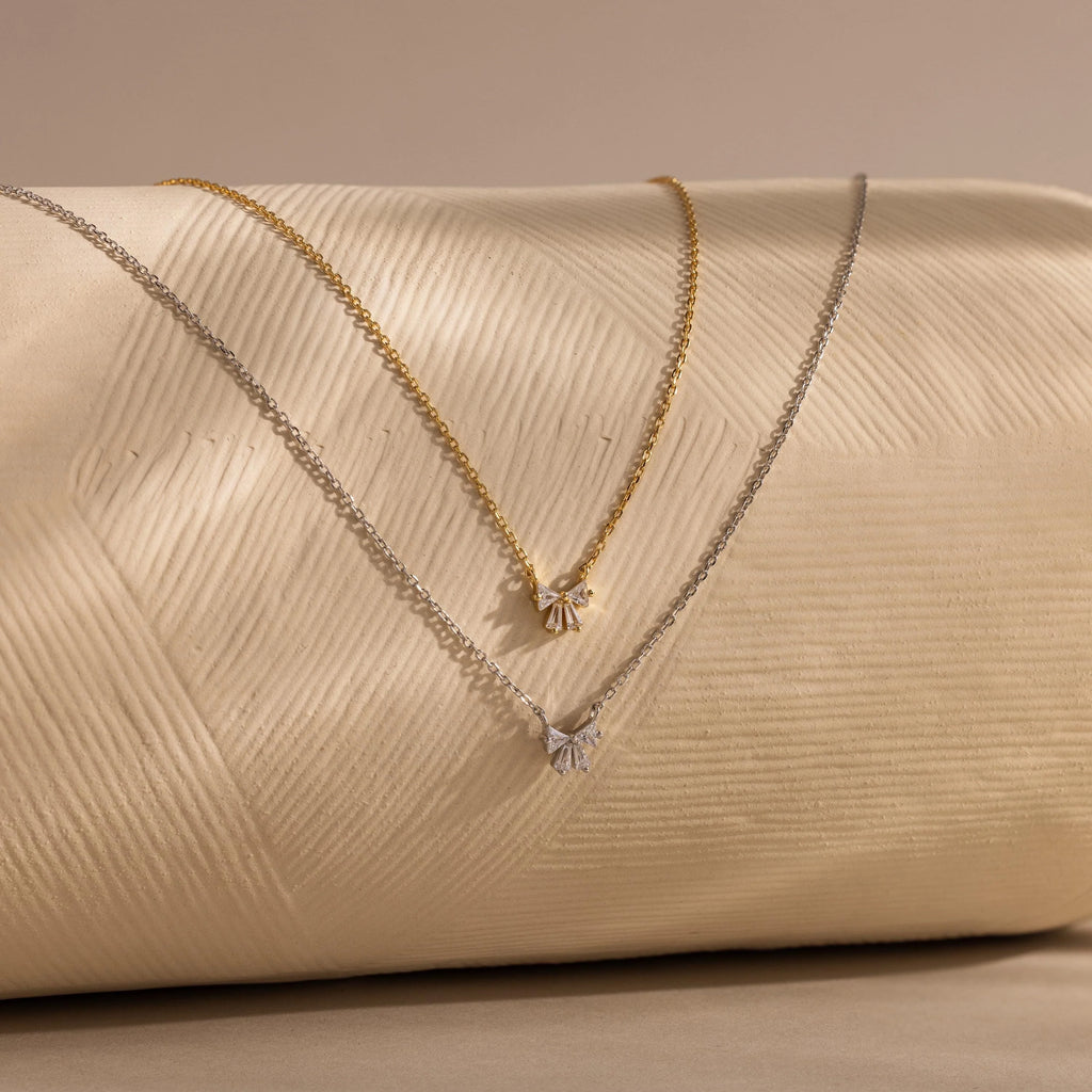 Diamond Bow Necklace  Silver 18K Gold Plated